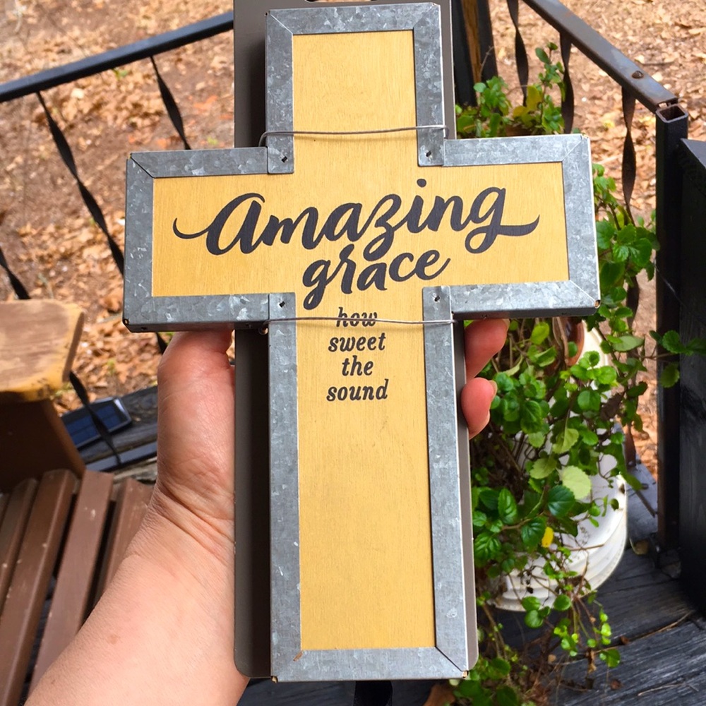 Wooden galvanized standing or wall cross “amazing grace how sweet the sound” NEW